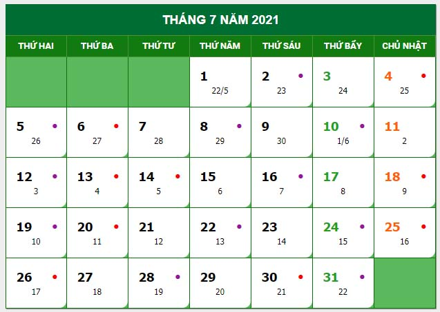 Những ngày đẹp nhất trong tháng 7 năm 2021